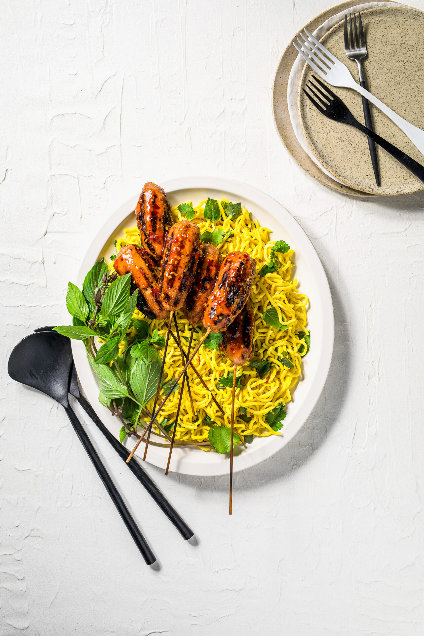 Sweet Chilli Pork Skewers with Coconut Hokkien