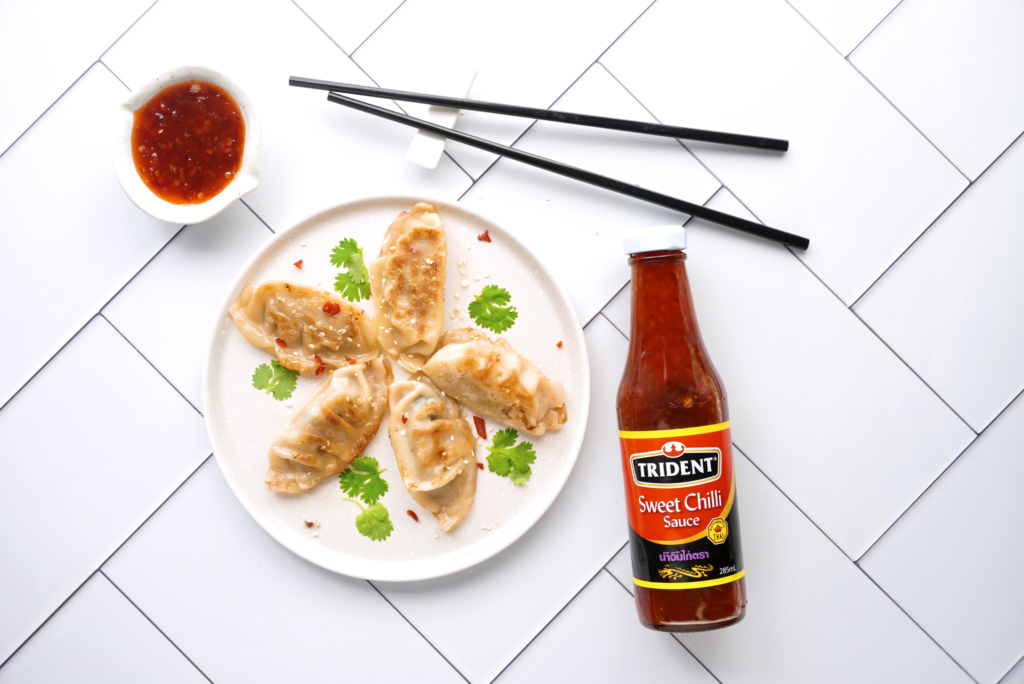 Pork and prawn dumplings with Tridents sweet chilli sauce Trident